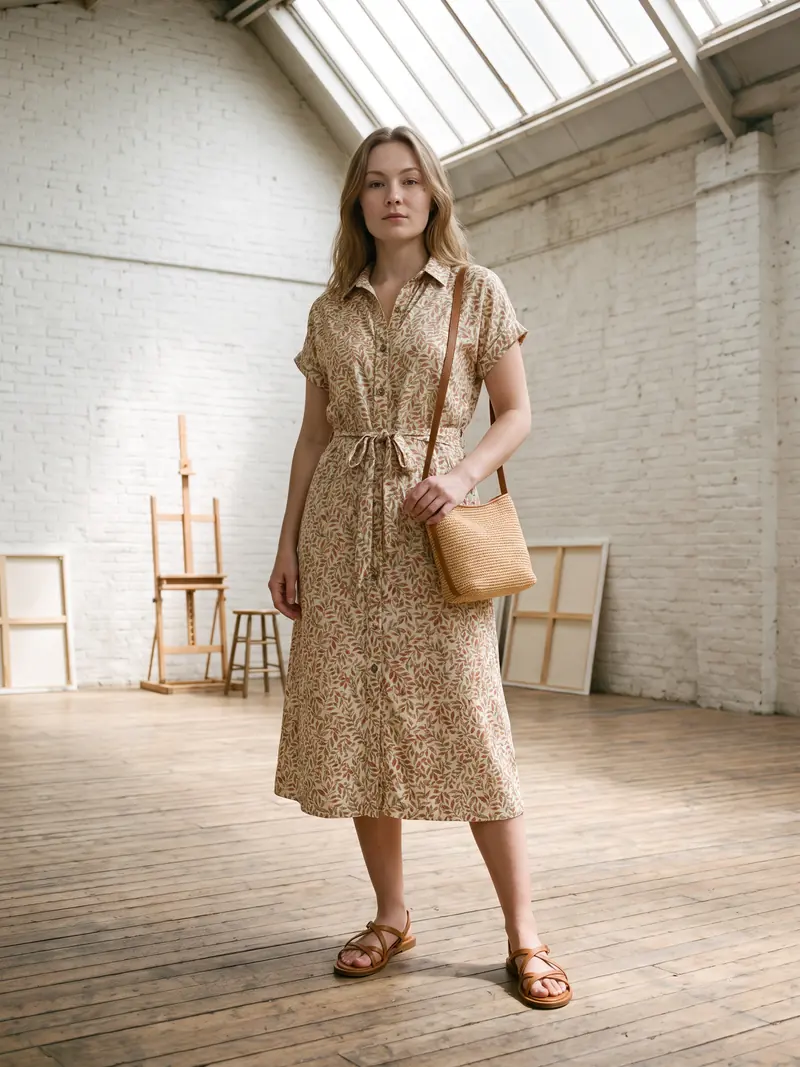 A modelo com o vestido estampado, de corpo inteiro