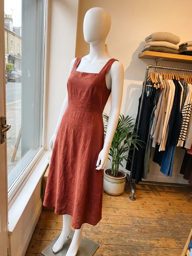 Vestido de linho terracota num manequim da loja