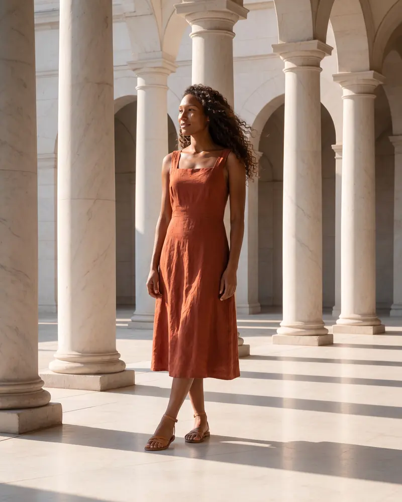 O mesmo vestido na modelo, numa colunata de mármore