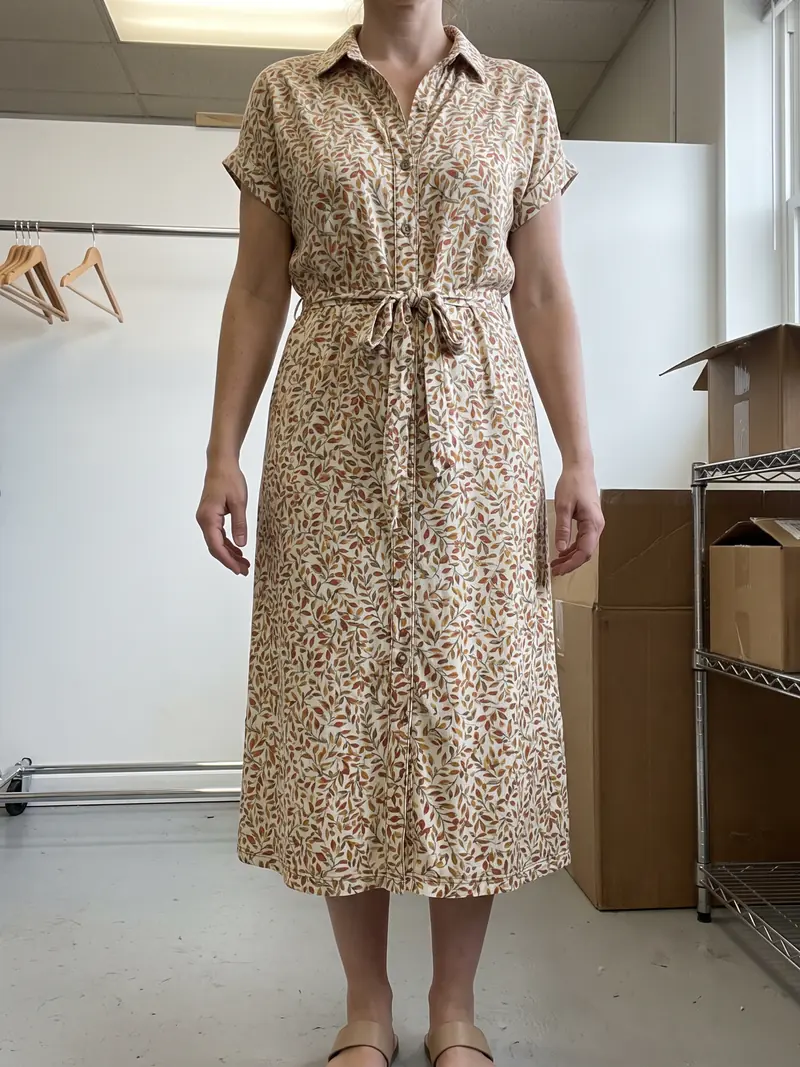 Vestido chemise estampado de folhas, vestido por alguém da equipe no estoque
